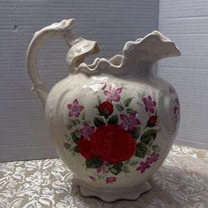 Floral Ceramic Pitcher with Red and Pink Flowers . Made in England